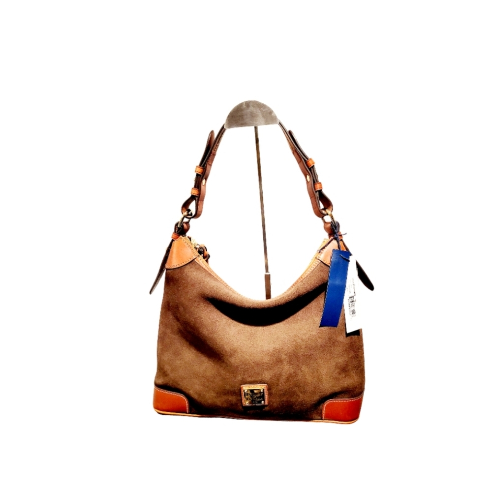 Suede Hobo Shoulder Bag in Brown with Tan Trim